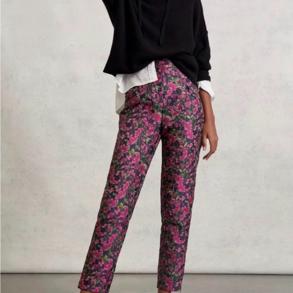 En Saison Anthropologie womens L  pink navy straight jacquard pants high rise